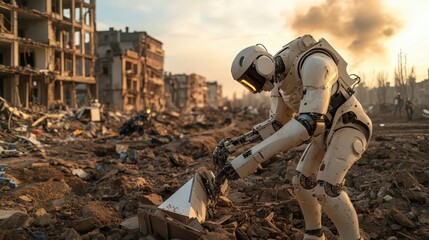 A robot is seen working diligently to excavate rubble in a destroyed urban landscape, portraying the resilience of technology amidst the remnants of a once-thriving city.