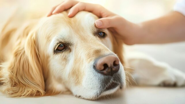 A golden retriever rests peacefully as a gentle hand caresses its head, showcasing a moment of affection and companionship.