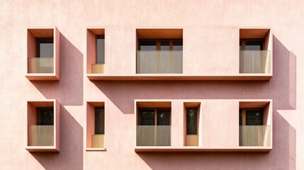 Fototapeta premium Pink building facade, recessed balconies, sunny day, urban architecture, design