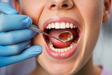 Fototapeta premium Dentist examining woman's teeth on light background, closeup.