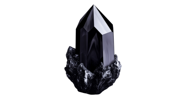 Black crystal tower on a dark rock base with a transparent background