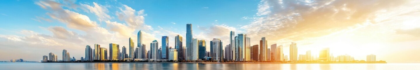 Obraz premium Vibrant City Skyline at Sunset Over Calm Water