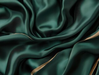 Fototapeta premium Luxurious Dark Green Silk Fabric with Golden Trim Elegant Texture Rich Draping Sophisticated Design Smooth Surface Abstract Background Fashionable