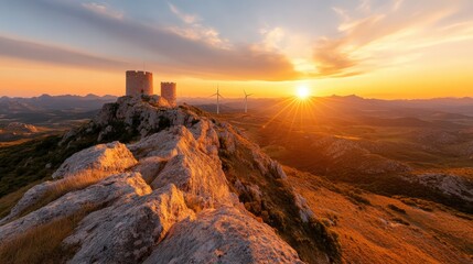 Fototapeta premium An enchanting mountain vista featuring an ancient castle bathed in golden hour light, offering a picturesque view rich in heritage, nature, and a sense of adventure and exploration.