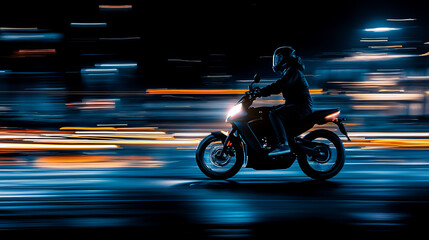 Obraz premium dynamic motorcycle ride at night, showcasing speed and excitement with vibrant city lights in background