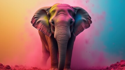 Creative Elephant Surrounded by Colorful Powder Dust