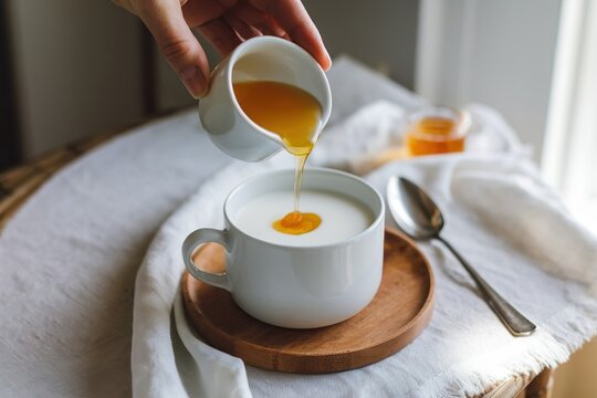 hand pour honey to warm milk cup. Morning healthy drink