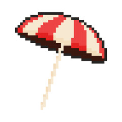Fototapeta premium Pixel art beach umbrella icon in 8 bit style. Retro 80s,90s video game graphics.