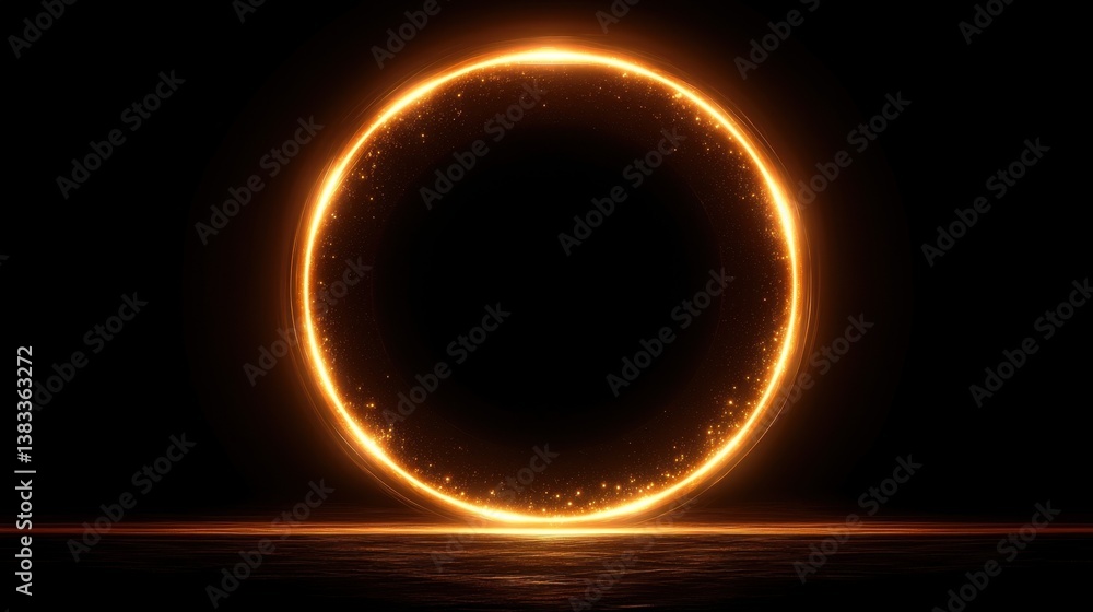 Poster luminous halo with golden glow on dark surface creating a portal effect with abstract background and