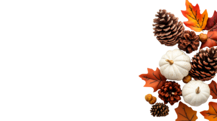 Fall decor pumpkins, pine cones, and leaves on clear backdrop