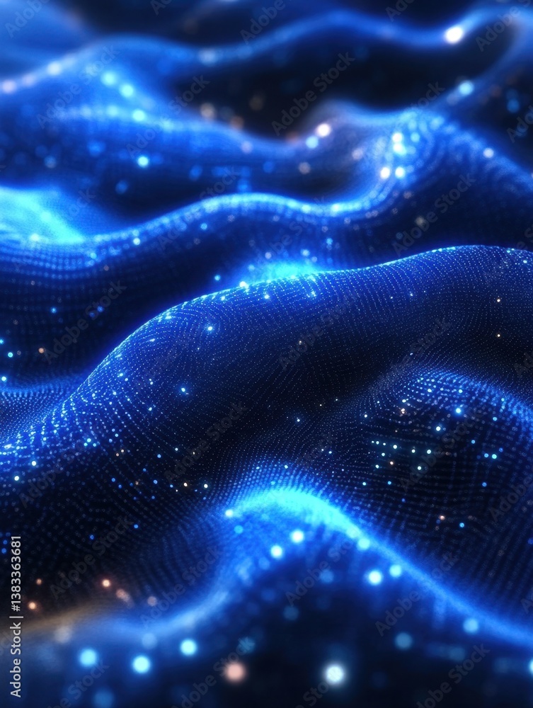 Poster abstract blue digital landscape with glowing particles and undulating waves creating a futuristic an