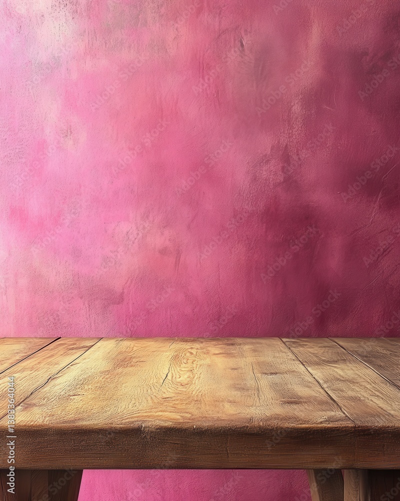 Poster rustic wooden table against a vibrant pink textured wall creating a warm inviting atmosphere ideal f