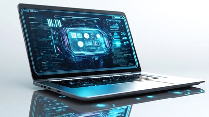 Laptop displaying futuristic interface with digital data and glowing elements