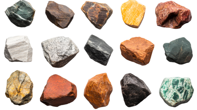Various types of rocks on a transparent background for study