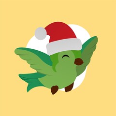 Illustration of Green Bird Wearing a Santa Hat Cartoon, Cute Funny Character, Flat Design