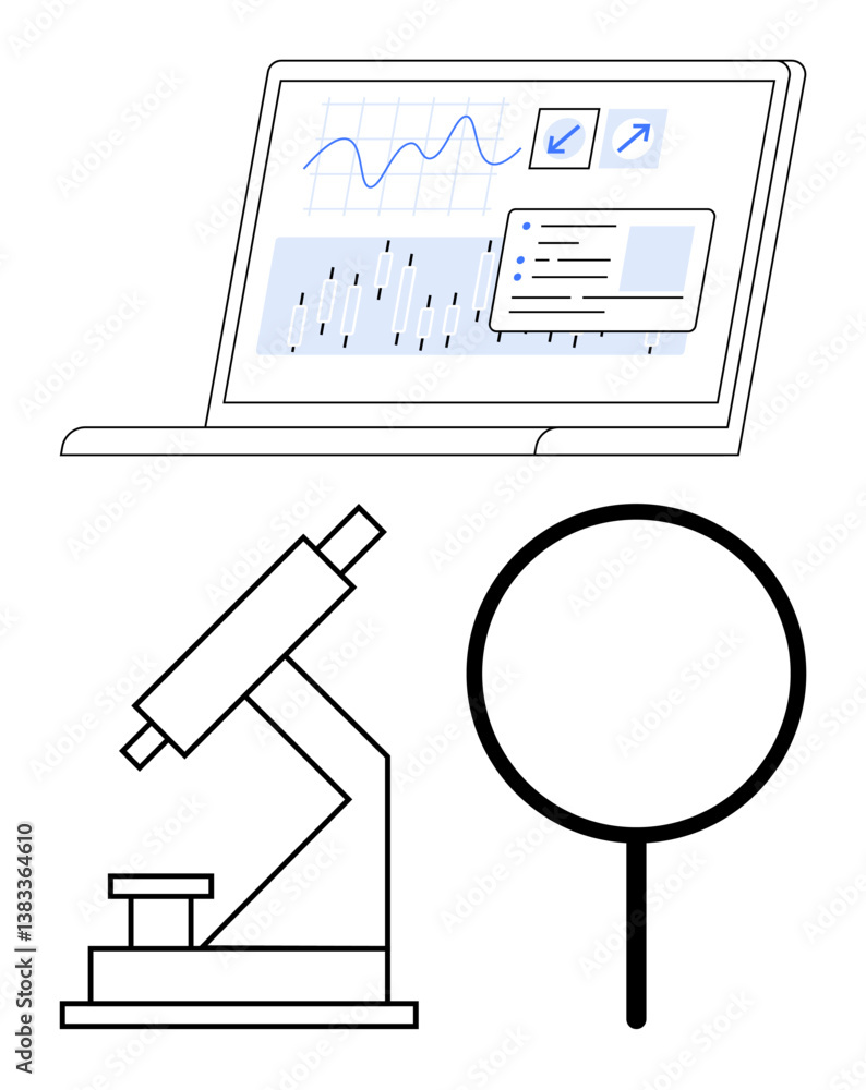 Poster laptop displaying data graphs, microscope representing scientific investigation, and magnifying glas