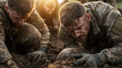 Fototapeta premium A dynamic scene depicting soldiers diligently excavating soil, showcasing their teamwork and resilience as they uncover artifacts from a historical site filled with emotion and significance.