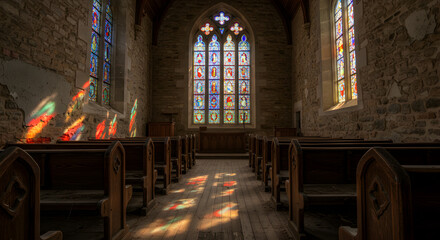 Obraz premium Interior Of An Old Abandoned Chapel With Stained Glass And Light Rays