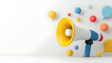 A dynamic visual composition featuring a bold yellow megaphone surrounded by a playful arrangement of vibrant speech bubbles against a minimalist white backdrop