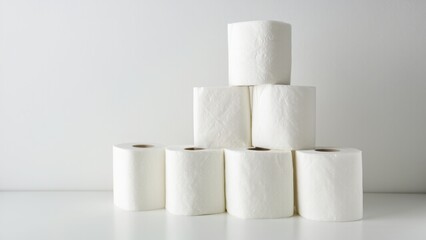 Minimalist design of stacked toilet paper rolls in light tones, arranged neatly on a white background, symbolizing hygiene, cleanliness, and household essentials