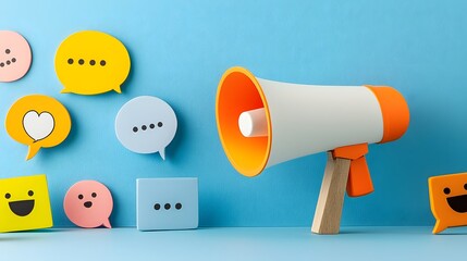 Vibrant graphic design featuring a megaphone icon surrounded by playful layered speech bubbles in bold eye catching colors