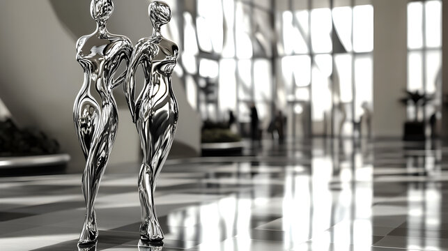 un fondo en una habitacion elegante con una escultura hecha de metal o acero elegante y brillante de dos personas juntas con diseño de estilo abstractas
