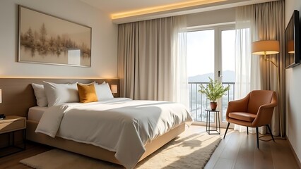 Modern Bedroom Design: Sunlit Room with City View