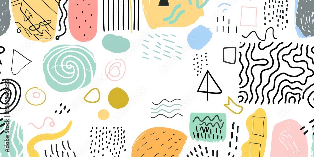 Poster abstract shapes colourful doodles black outline simple shape minimal style flat illustration element