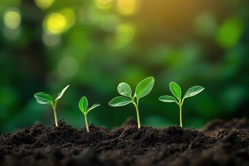 Fototapeta premium Seedlings Growing in Soil: Stages of Plant Growth, Observing Sprout Development Outdoors, Environmental Sustainability.