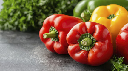 Fresh red, yellow, and green bell peppers with parsley on textured surface