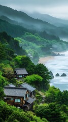 Fototapeta premium Verdant coastal hillside houses surrounded by lush green vegetation and serene waters