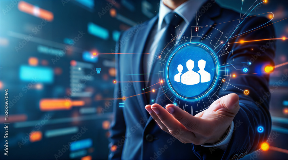 Leinwandbilder a professional in a suit holds a digital interface displaying user icons, symbolizing technology and