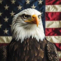 Obraz premium A majestic bald eagle is posed in front of a draped flag