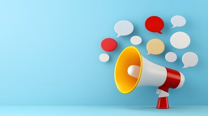Attention grabbing social media marketing icon featuring a bold modern megaphone design with a structured composition of colorful speech bubbles