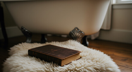 Vintage Leather Book Resting on Soft Sheepskin Rug Near Clawfoot Bathtub