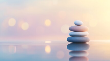 Obraz premium Image of smooth river stones and lotus flower forming a composition of harmony and balance. Composition stands on the surface of the water with a slight reflection, bokeh effect background, copy space
