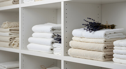Neatly Folded Towels Arranged in a White Linen Closet with Lavender
