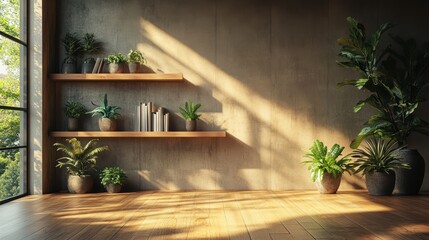 Sunlit minimalist room, plants, shelves, books, window, interior design