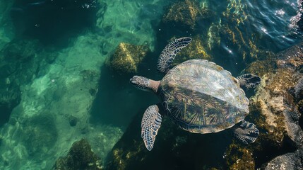Obraz premium Sea turtle swimming, rocky ocean bottom, sunlight, Galapagos Islands, wildlife documentary