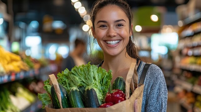 Radiant woman with grocery bag full of fresh vegetables in a supermarket, representing healthy eating and conscious consumerism. Ideal for advertising organic food, wellness, and sustainable lifestyle