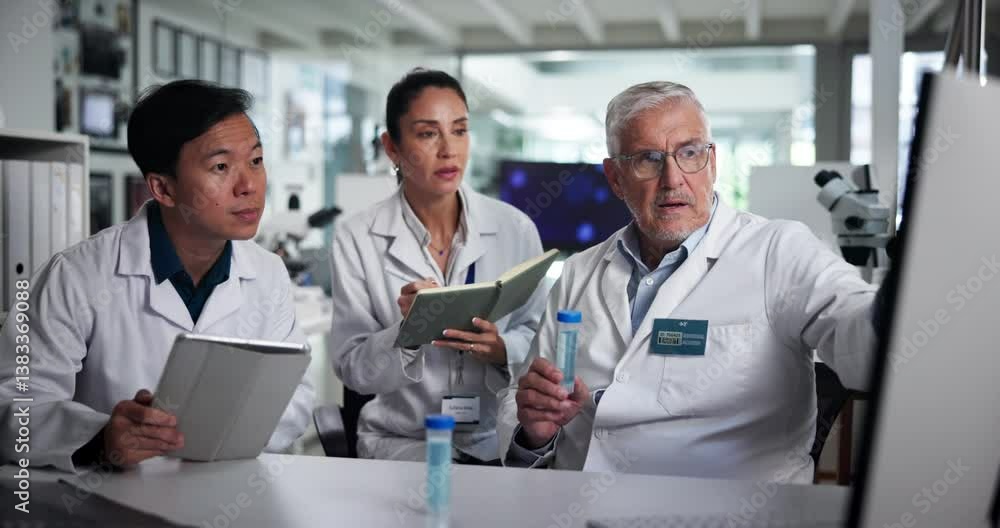 Poster computer, tablet and test tube with scientist people in laboratory for collaboration or discussion. 
