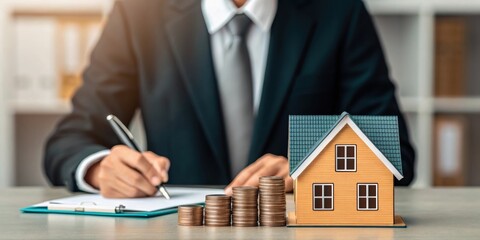 A businessman writes on a notepad next to a house model and stacks of coins, symbolizing real estate investment and financial planning.