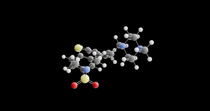 Tiotixene molecule, rotating 3D model of antipsychotic, looped video on a black background