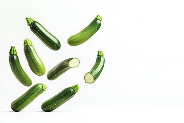 A close up of a bunch of green cucumbers with one of them sliced in half.  , isolated on white background