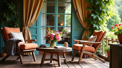 Creative composition of warm and cozy terrace with table, garden furniture’s, vase with flowers, wooden floor, plaid, curtain, grape, big garden and personal accessories.