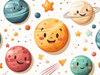 Obraz premium A playful illustration of smiling planets and stars, featuring vibrant colors and a whimsical design, capturing a cheerful cosmic theme.
