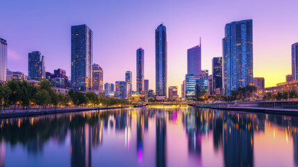Obraz premium Stunning city skyline at sunset with reflections on water