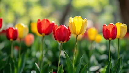 Fototapeta premium Red and Yellow Tulips in a Spring Garden