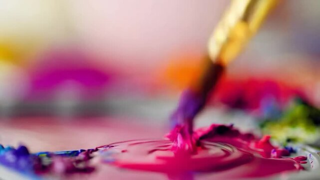 Creative Brushwork Showcasing Vibrant Paint Mixing Techniques in an Artistic Workspace