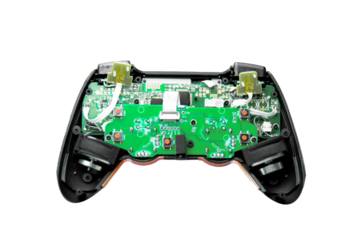An opened black gaming controller with a green circuit board, buttons, and wires on a transparent background. Perfect for tech and repair visuals.

